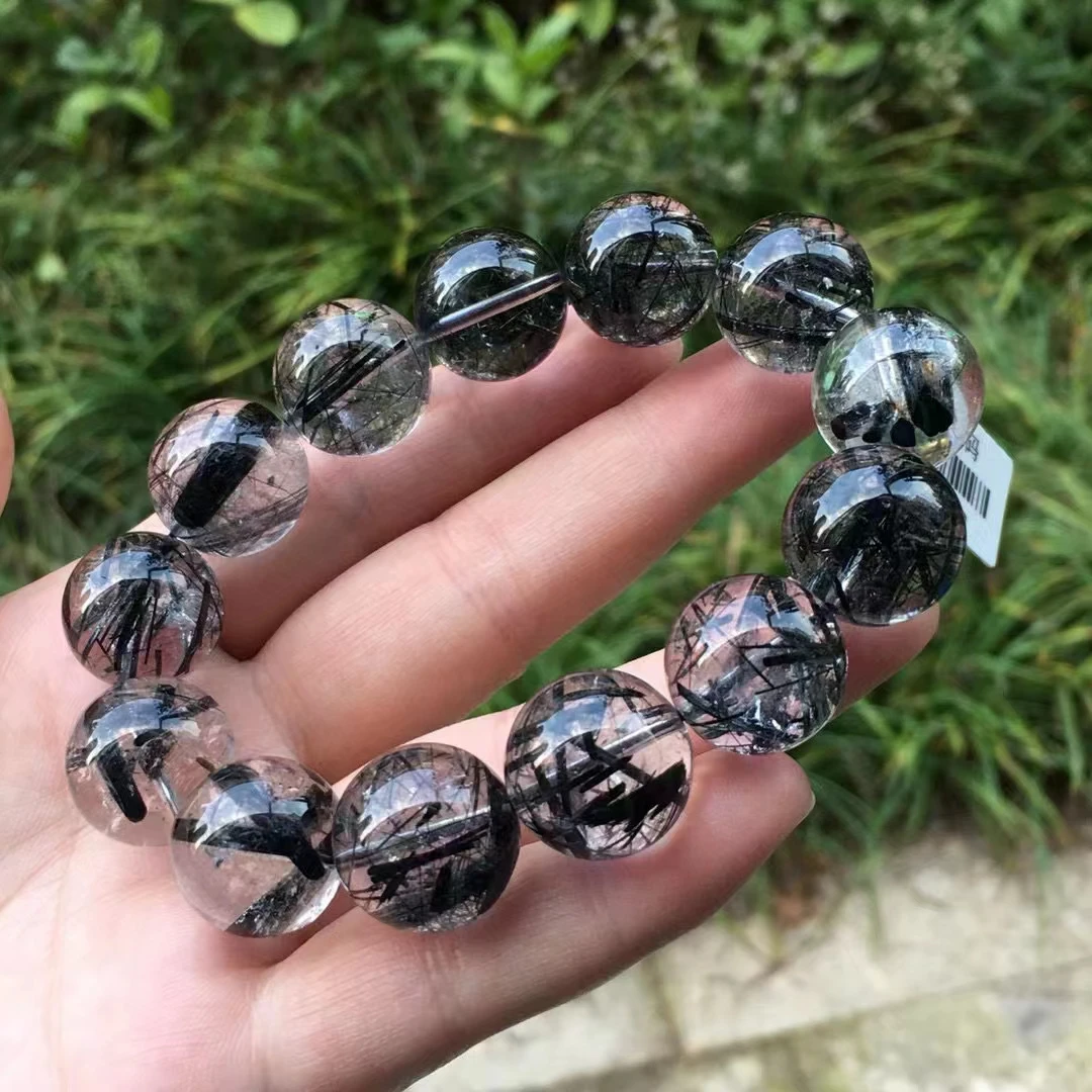 Natural Black Rutilated Quartz Clear Round Beads Bracelet 17mm Crystal Women Men Rare Brazil Genuine Rutilated AAAAAA