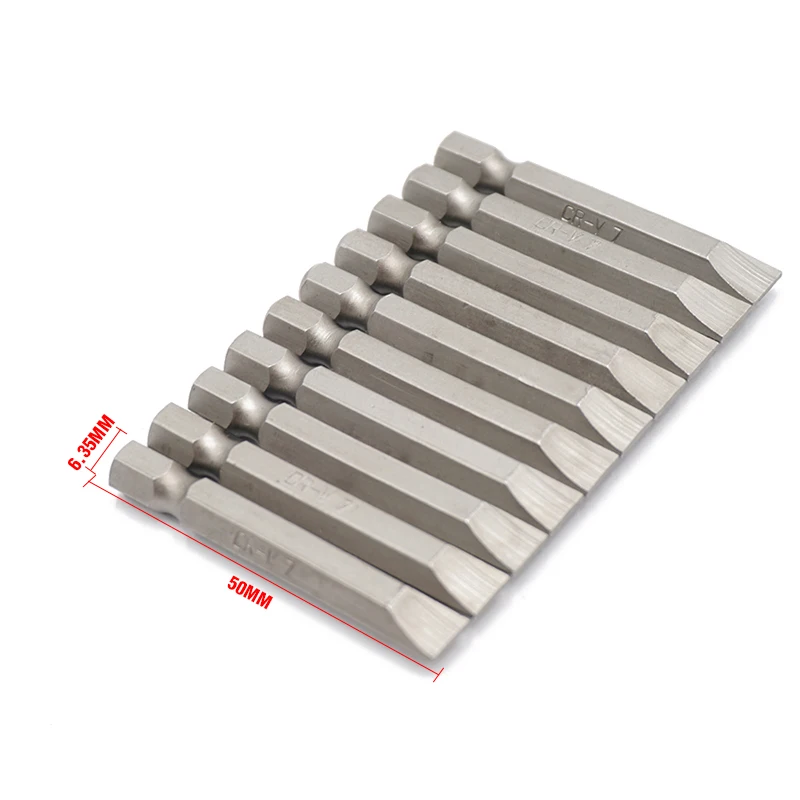 10pcs 50mm Slotted Screwdriver Bit Set 1/4 Inch Hex Shank SL4 SL5 SL6 SL7 Chrome Vanadium Steel Flat Screw Driver Bits Hand Tool