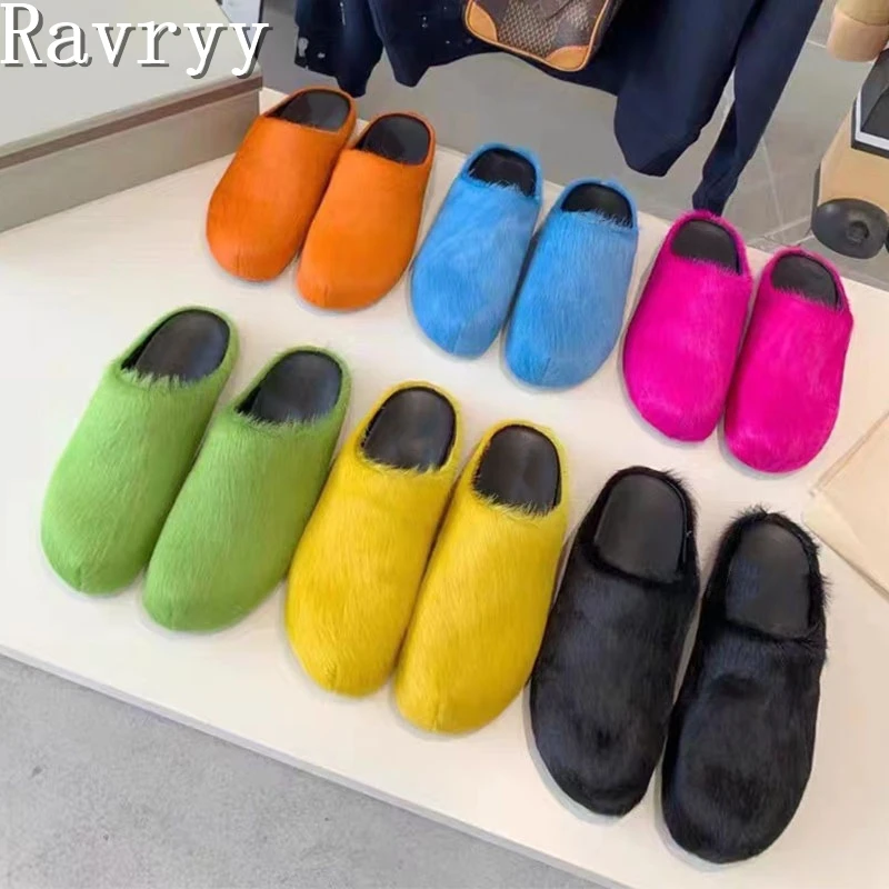 

New Design Horsehair Slippers Women Round Toe Comfort Slides Unisex Candy Color Fur Mules Flat Runway Shoes Outdoor Slippers