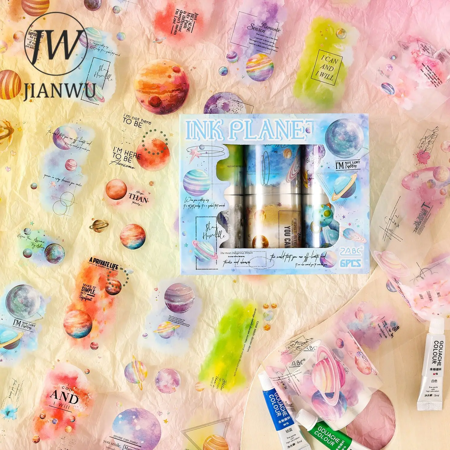 

JIANWU 6 рулонов/коробка 50 мм * 200 см серии винтажная планета размазать пейзажный материал коллаж ПЭТ лента креативный DIY журнал канцелярские принадлежности