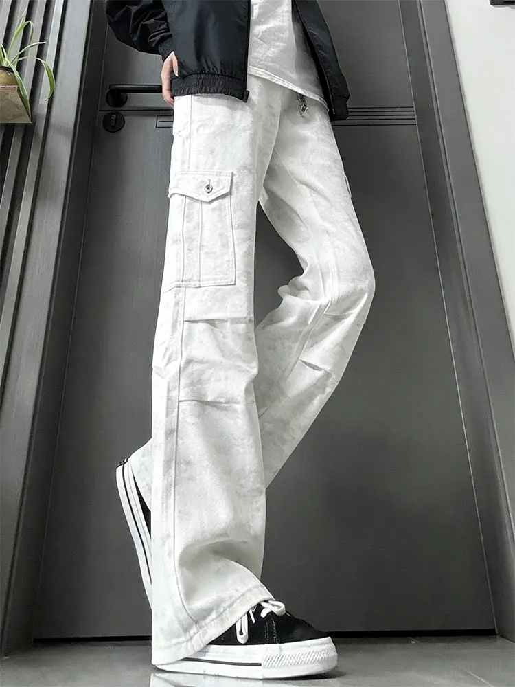 

Dir Dyed White Men's Jeans Straight Leg Design Folded American High Street Logging Workwear Long Trousers Youth Faion