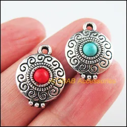 12Pcs Tibetan Silver Tone Flower Red & Blue Stone Round Charms Pendants 14x18.5mm HCJBAB