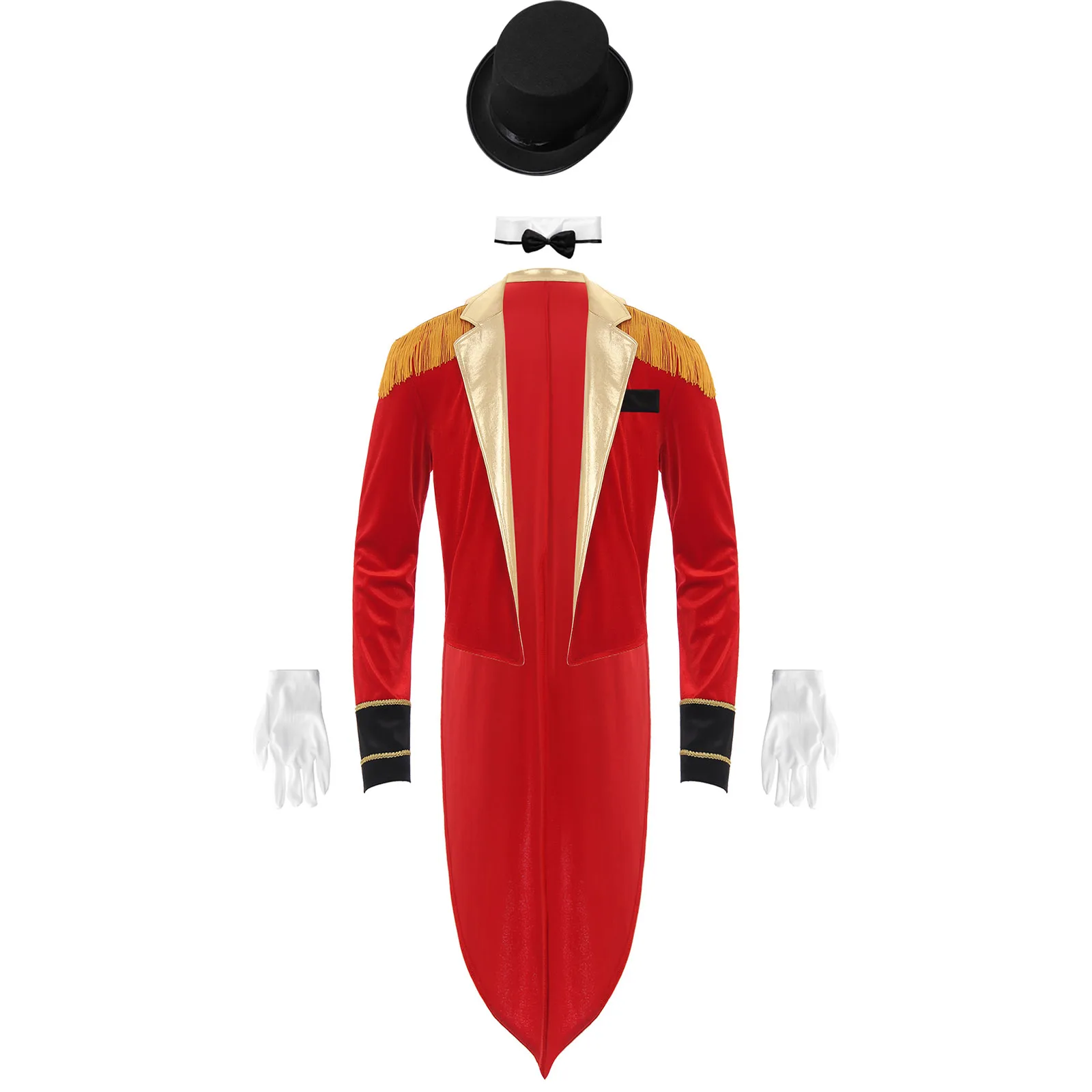 Disfraz de Cosplay de Ringmaster para hombre, conjunto de manga larga, solapa, flecos, hombro, chaqueta con sombrero, cuello, guantes, Performamce de circo