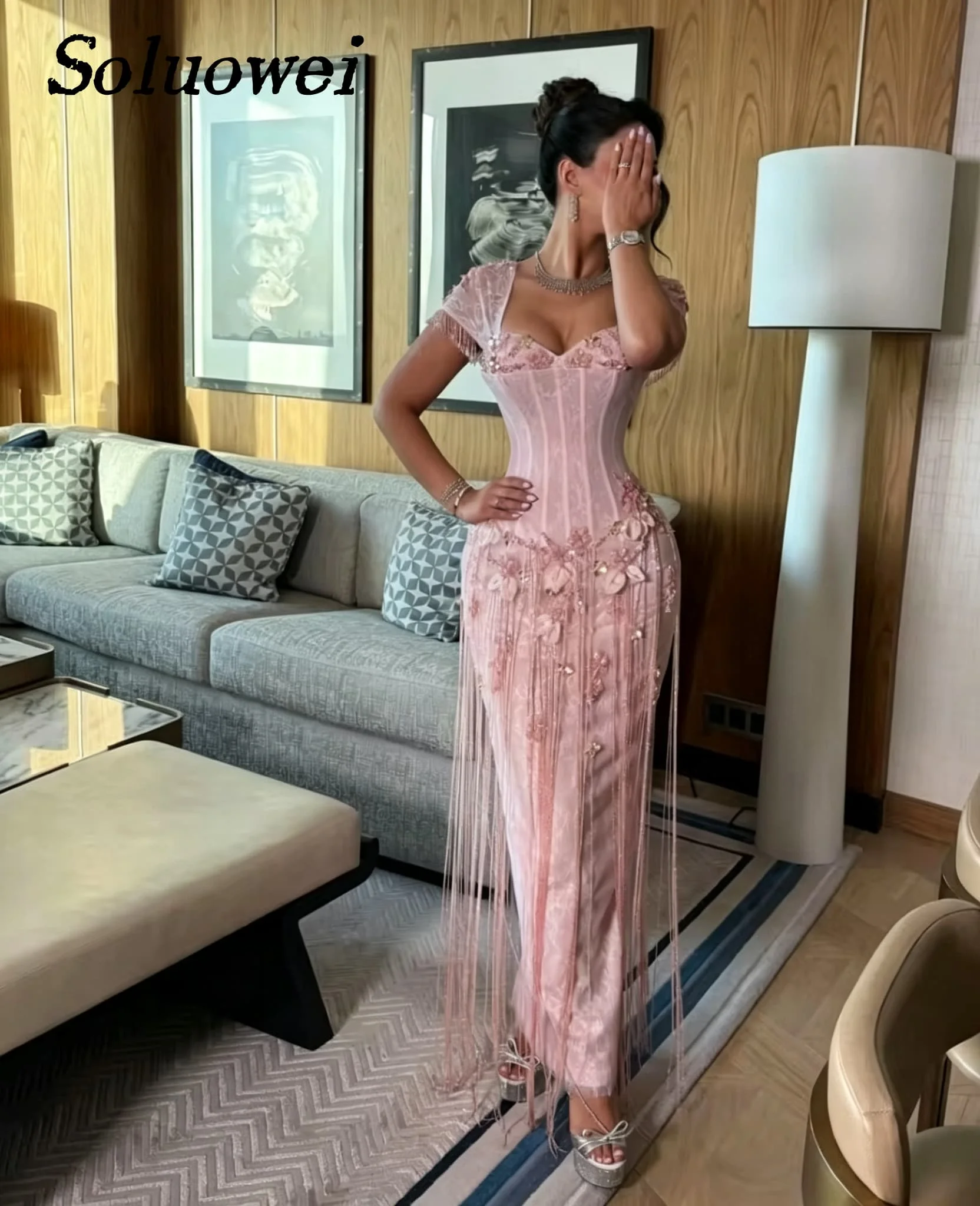 Elegant Lace Corset Prom Dresses 3D Flower Beading Long Fringe Tassel Floor Length Evening Gowns Maxi Gala Vestidos Customized