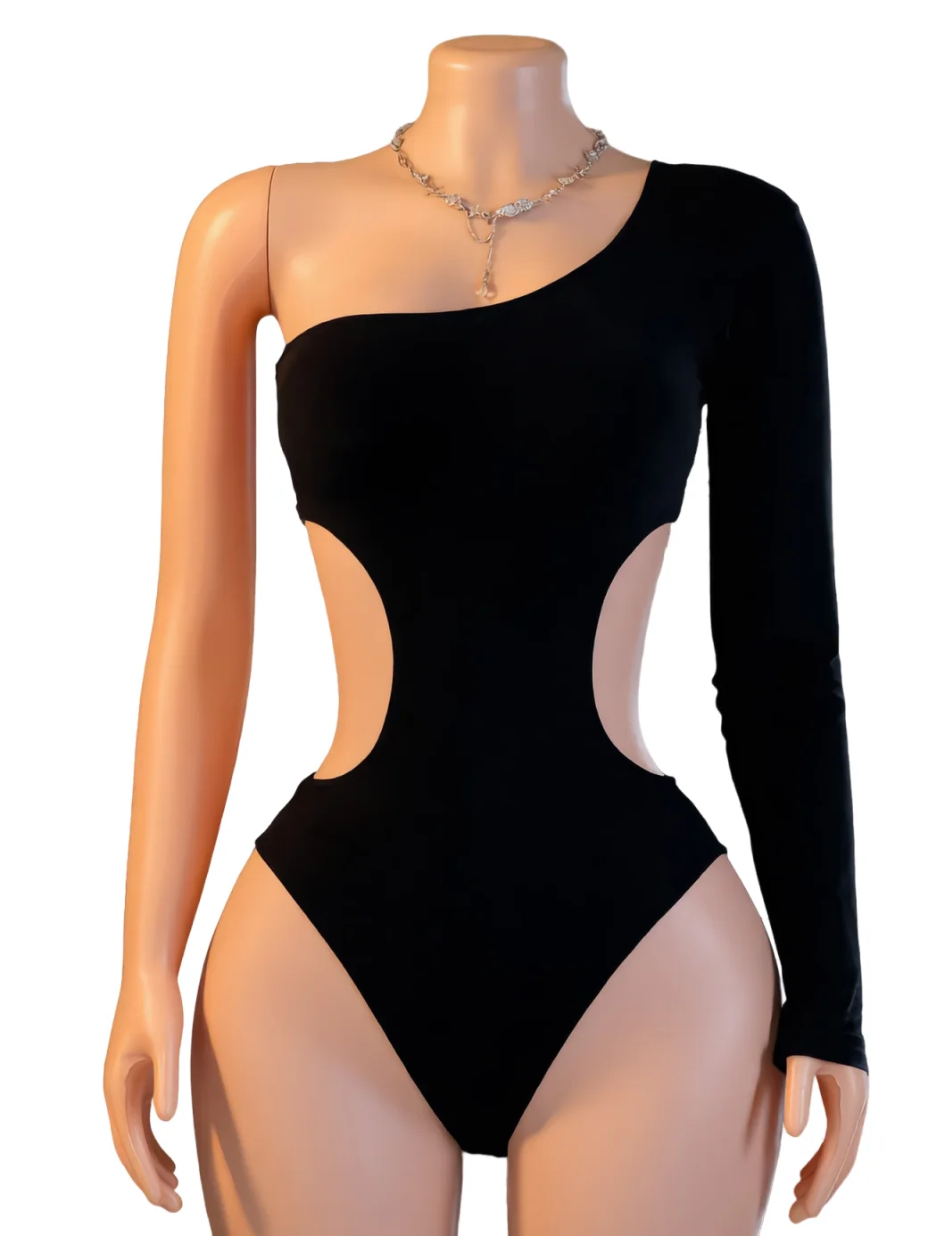  Women Sexy One Shoulder Bodysuit Sheer Backless Lingerie Double Waist Cutout Slim Long Sleeve Tight Top Exotic Date Wear 88-13