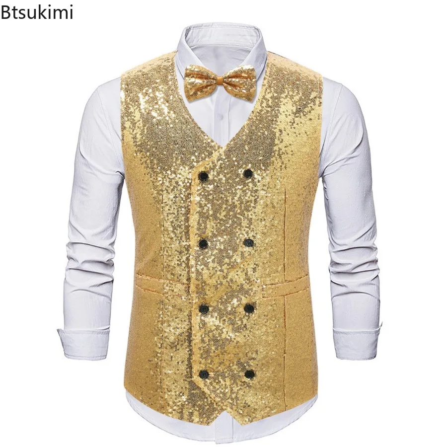 Shiny Sequin Suit Vest for Men Fashion Double Breasted Design Luxury Slim Sparkling Waistcoat Men's Stage Performance Dress Vest