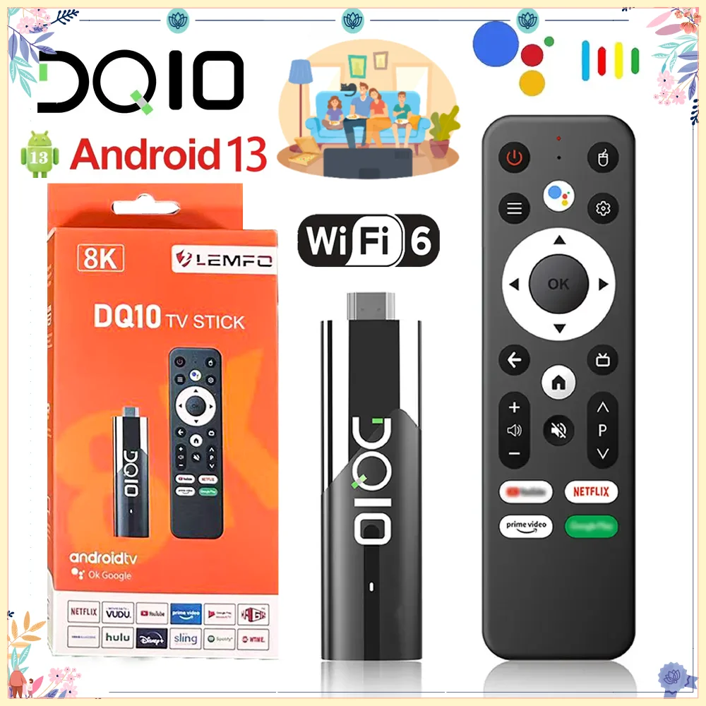 DQ10 Smart TV Stick Android 13 Quad Core Cortex A53 2GB 16 GB Support 8K H.265 Wifi6 Youtube Media Player Android TV Box