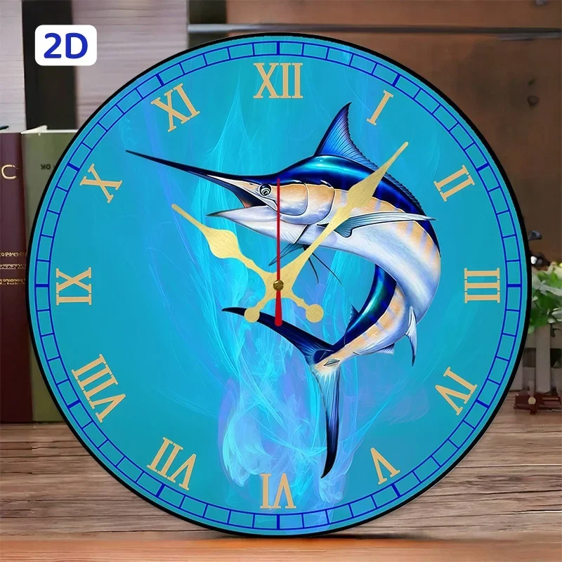 Marlin Fish Wooden Round Silent Hanging Wall Clock, Suitable For Living Room, Office, Study Room, Bedroom, Home Decoration.
