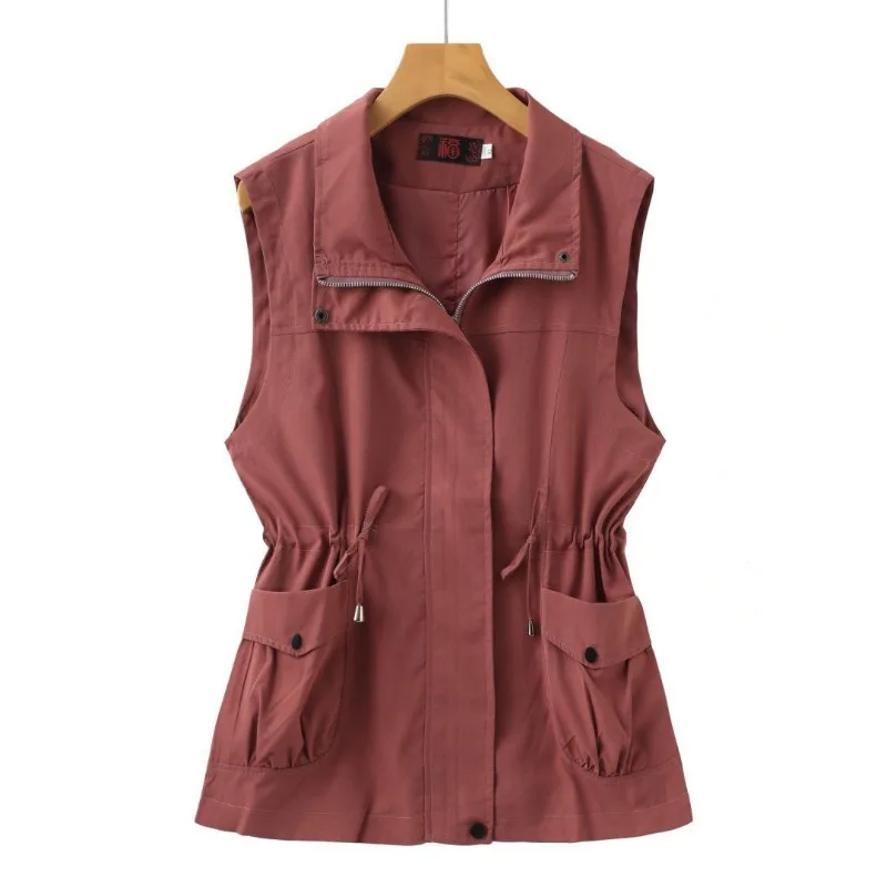 Women's Spring and Autumn 2024 New Solid Color Casual Loose Stand Collar Zipper Sleeveless Patchwork Pockets Belted Vests Coats