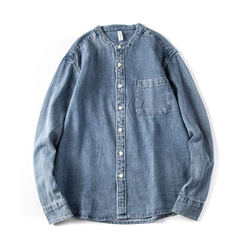 Мужская джинсовая рубашка с длинным рукавом, Повседневная Свободная потертая рубашка из денима без воротника в японском винтажном стиле, рабочая одежда для молодежи, весна-осень 2024
