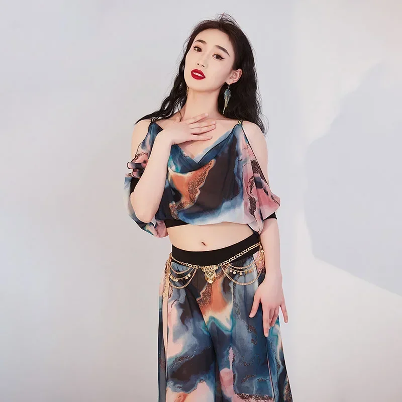 2023 Belly Dance Suit Printing Top Short Sleeves Split Skirt Practice Clothes Set Female Elegant Performance Clothing Summer