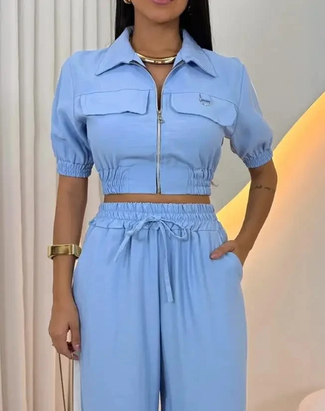 

2 Pieces Outfit Zip Up Flap Pockets Design Stretchy Hem Crop Top & Drawstring Wide Leg Pants Set Casual Contrast Tape Side Set
