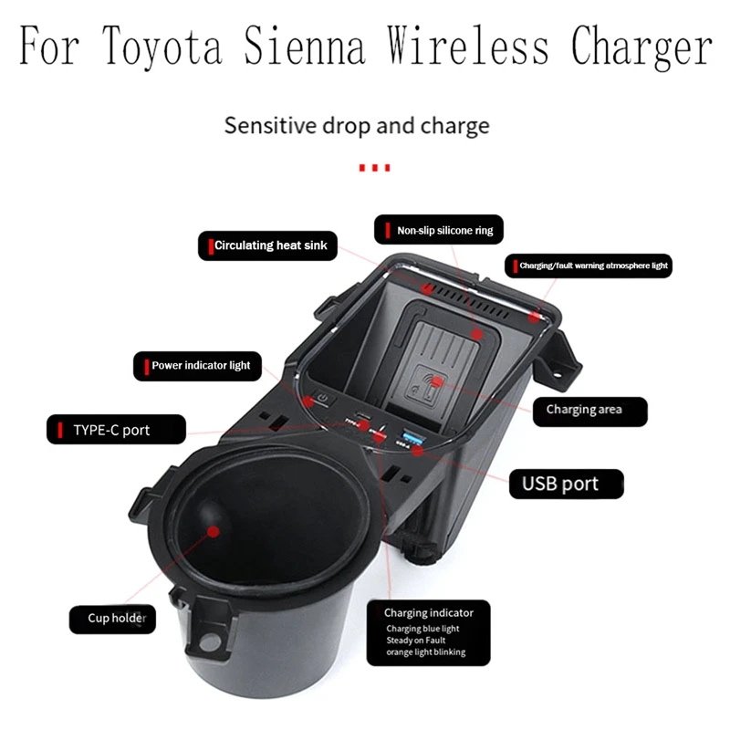 Car Accessories Parts Drinks Holders Center Console Wireless Charger For Toyota Sienna 2021 2022