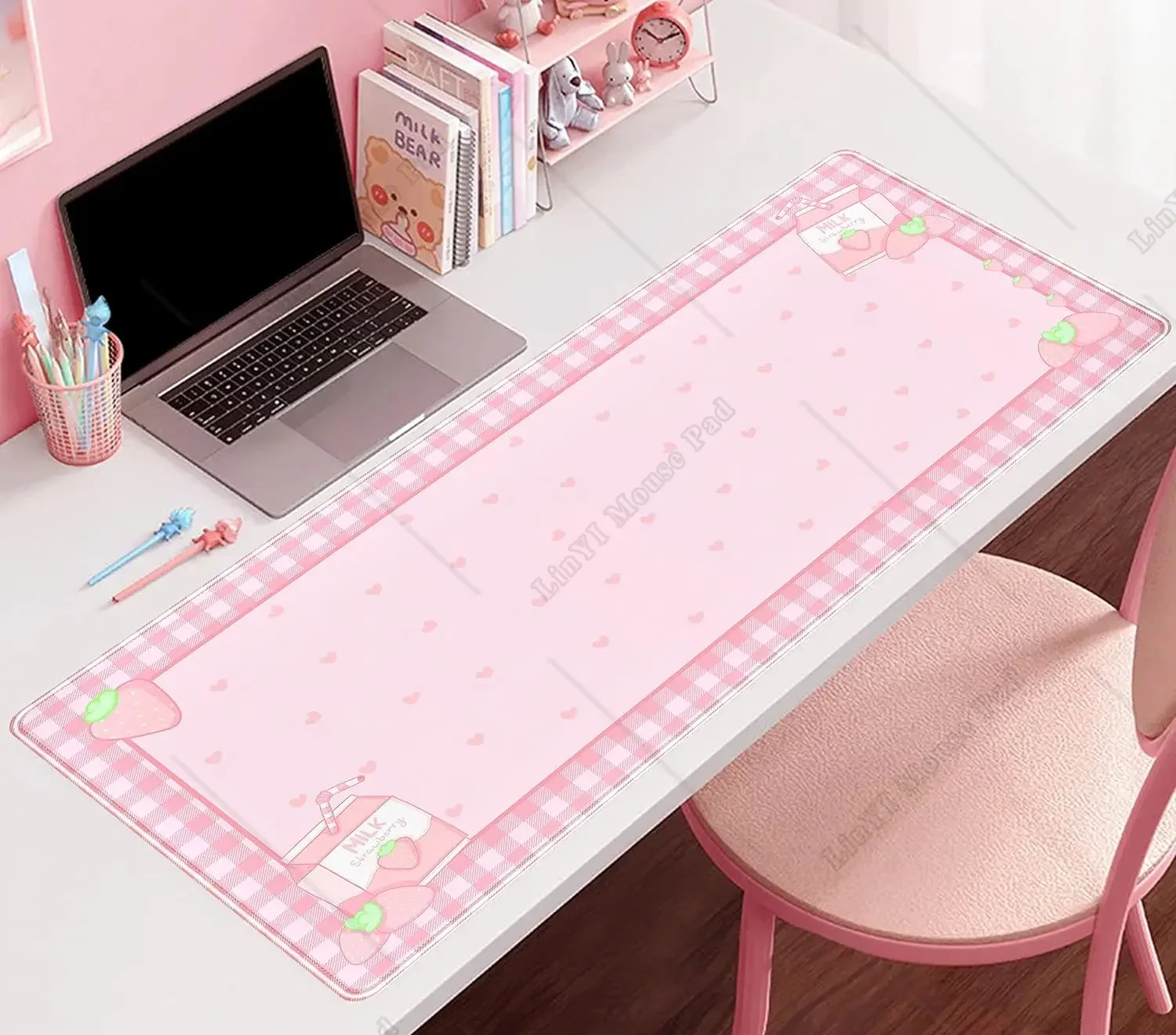 Cute Pink Plaid Strawberry Milk Gaming Desk Pad Kawaii Large Keyboard XXL Laptop Mousepad Office Decor for Women 31.5x11.8 In