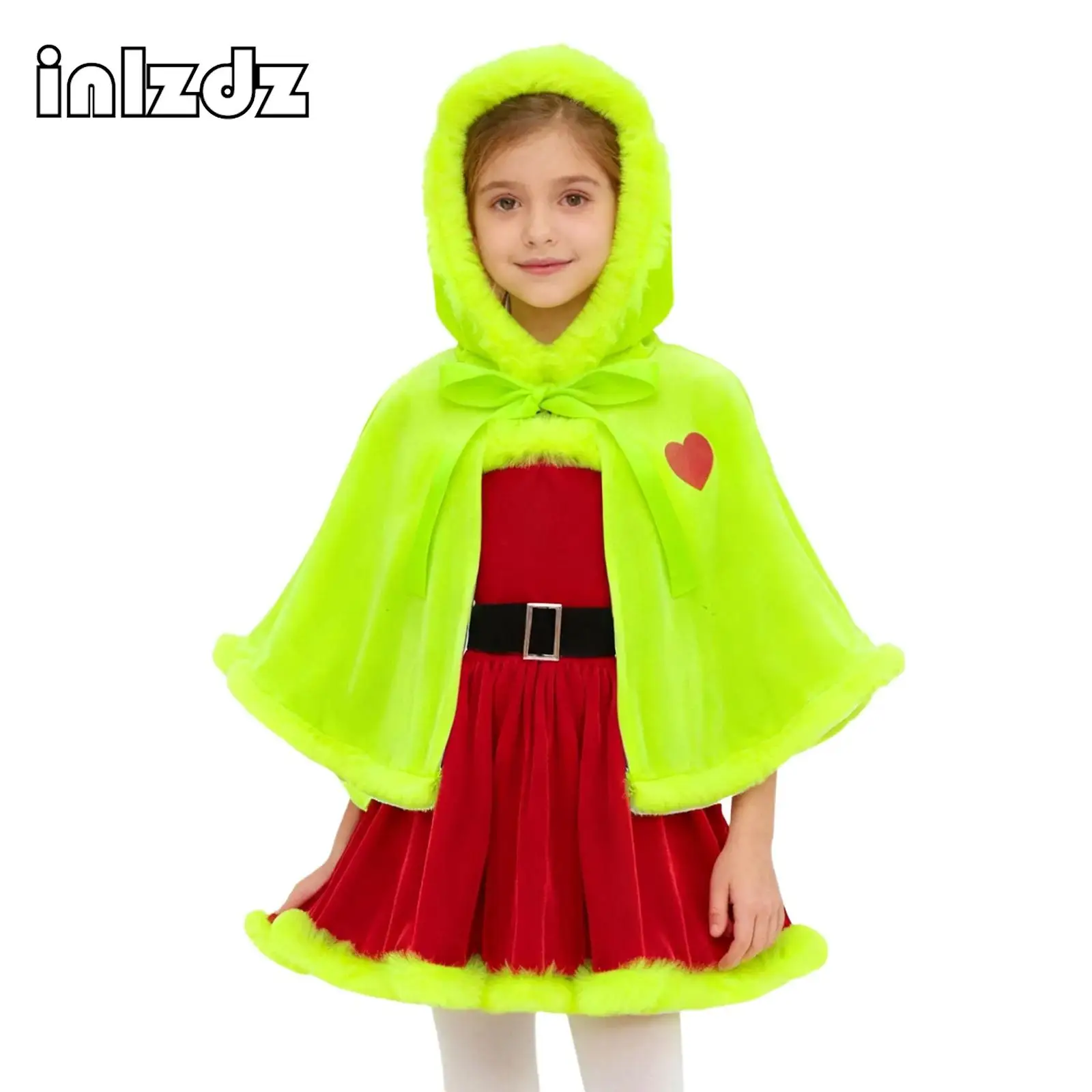 

Girls Christmas Santa Claus Cosplay Costume Plush Trim Sleeveless Dance Dress+Waistbelt+Hooded Shawl Cape Set for Festival Party