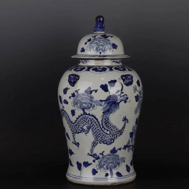 Ming Dynasty Blue and White Porcelain General Jar Dragon Pattern Beast Head Vintage Home Decor Ceramic Collectible Ornament
