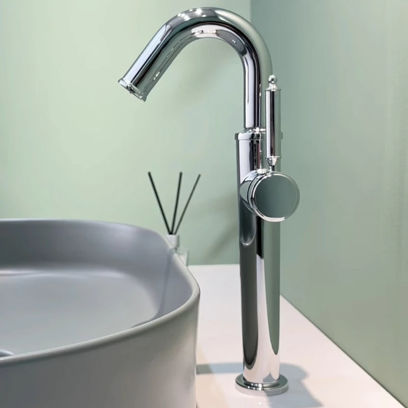 Tall Stainless Steel Mixer Tap for Countertop Basins – Hot and Cold Water – Raised Model for Bathroom Washbasins