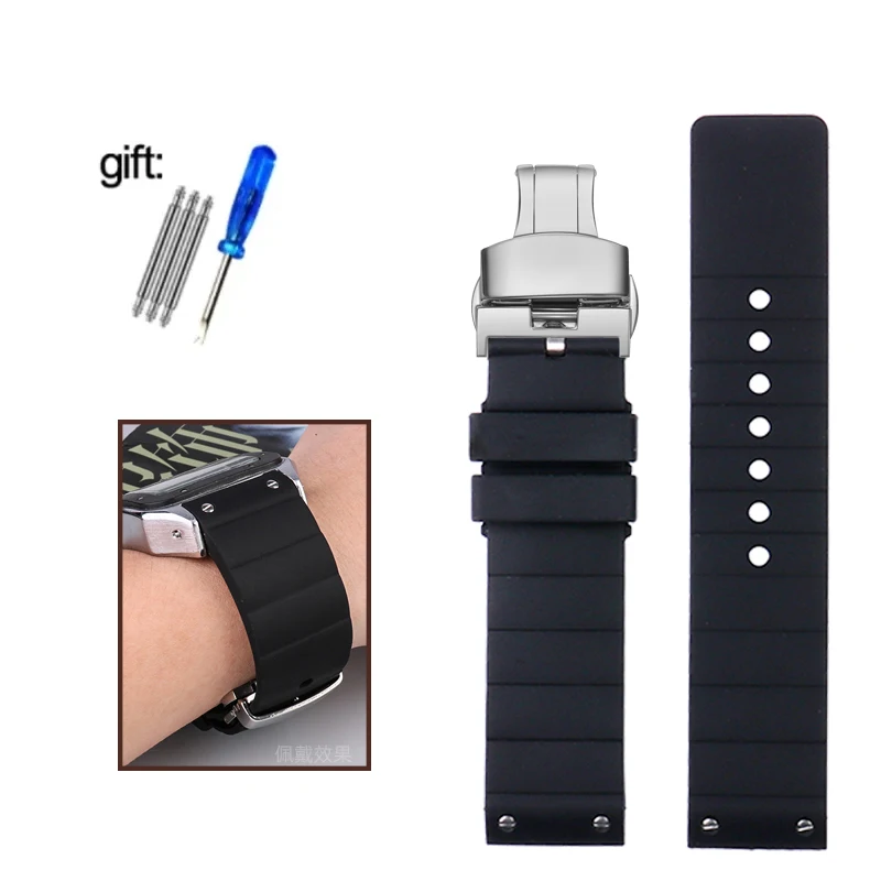 

High quality Watch Band For Cartier Santos 100 Rubber black Watch Strap Men's Women's Silicone accessories bracelet 23mm
