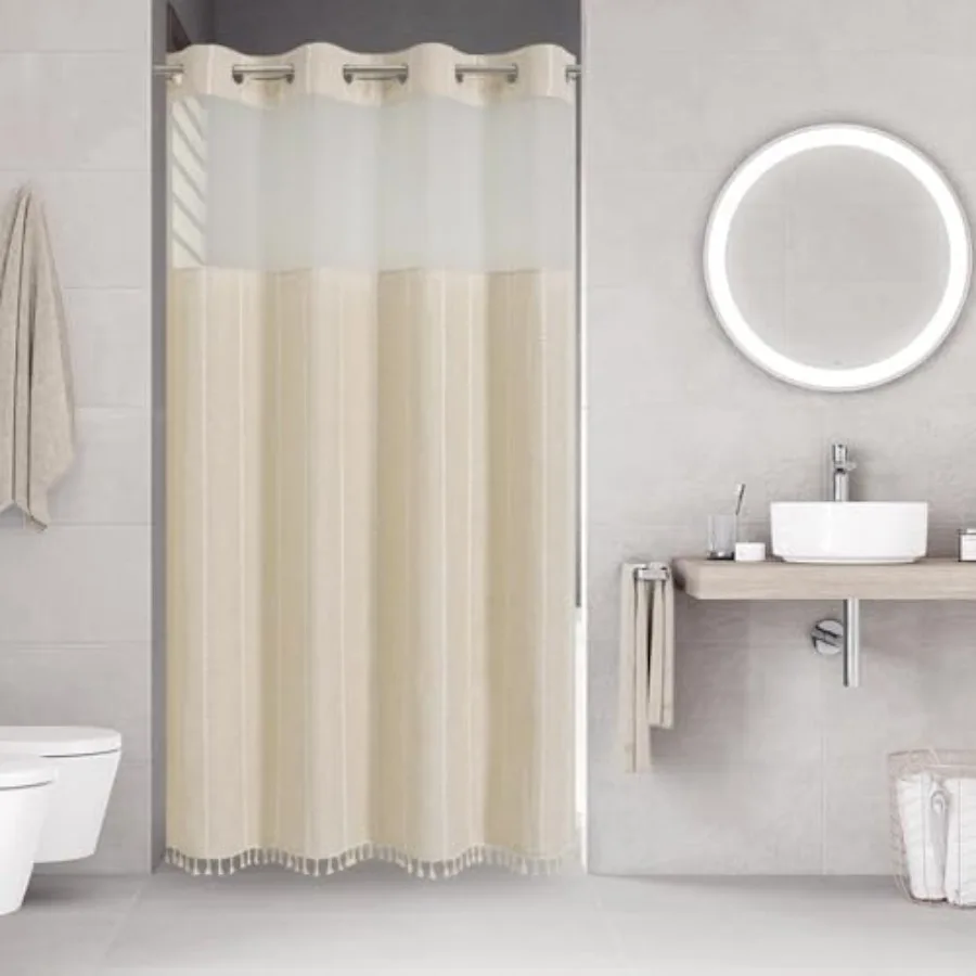 

No Hook Stall Shower Curtain with Snap-in Fabric Liner - 54x80 Heavy-Duty Linen Textured Striped Design, Narrow Rustic Modern F