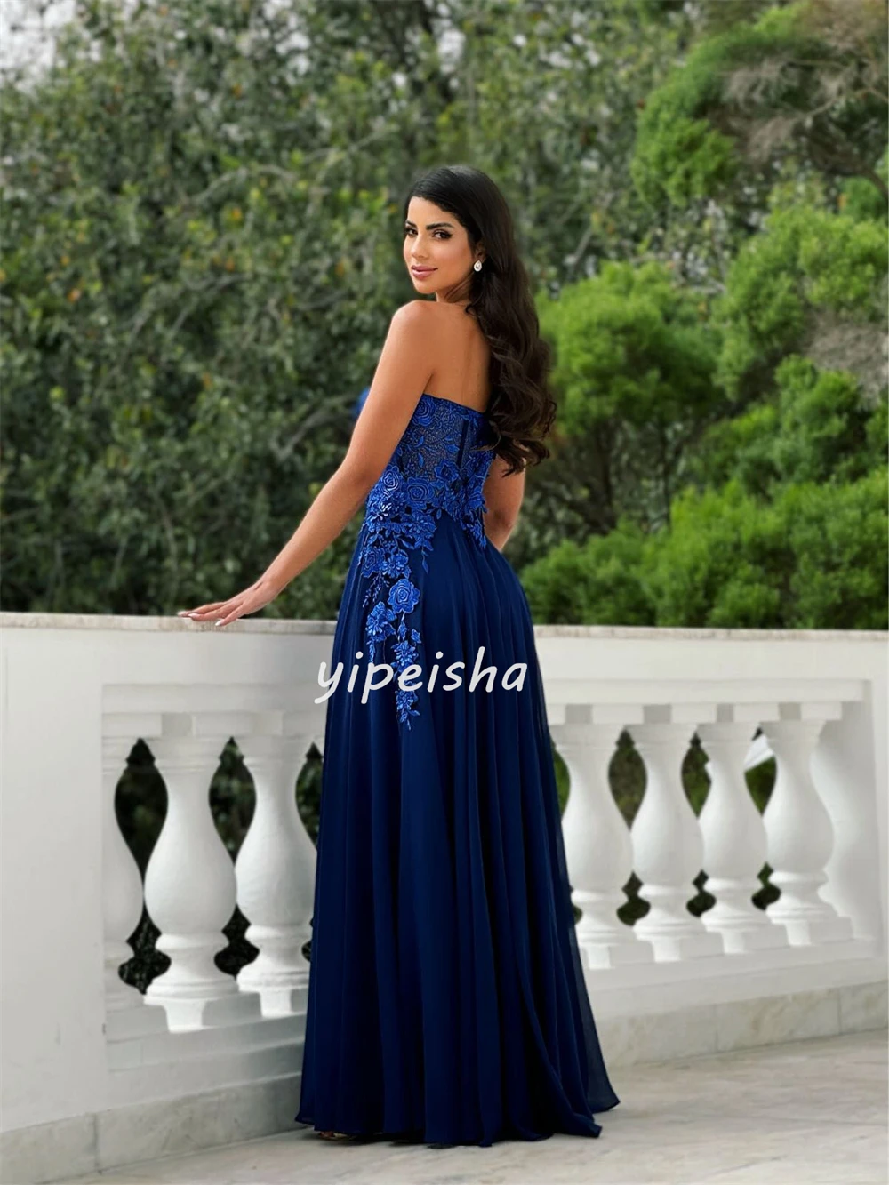 맞춤형 중국 스타일 복잡한 저지 아플리케 플리츠 A라인 스트랩리스 롱 드레스 맞춤형 행사 드레스 사이즈 가능