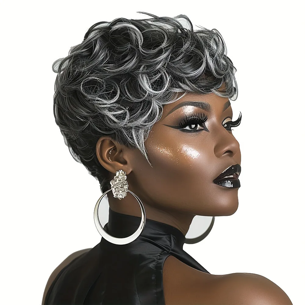 8 Inch Natural Black White Mix Color Synthetic Wig for Women Short Curly Heat Resistant Daily Wear Party Festival Hair