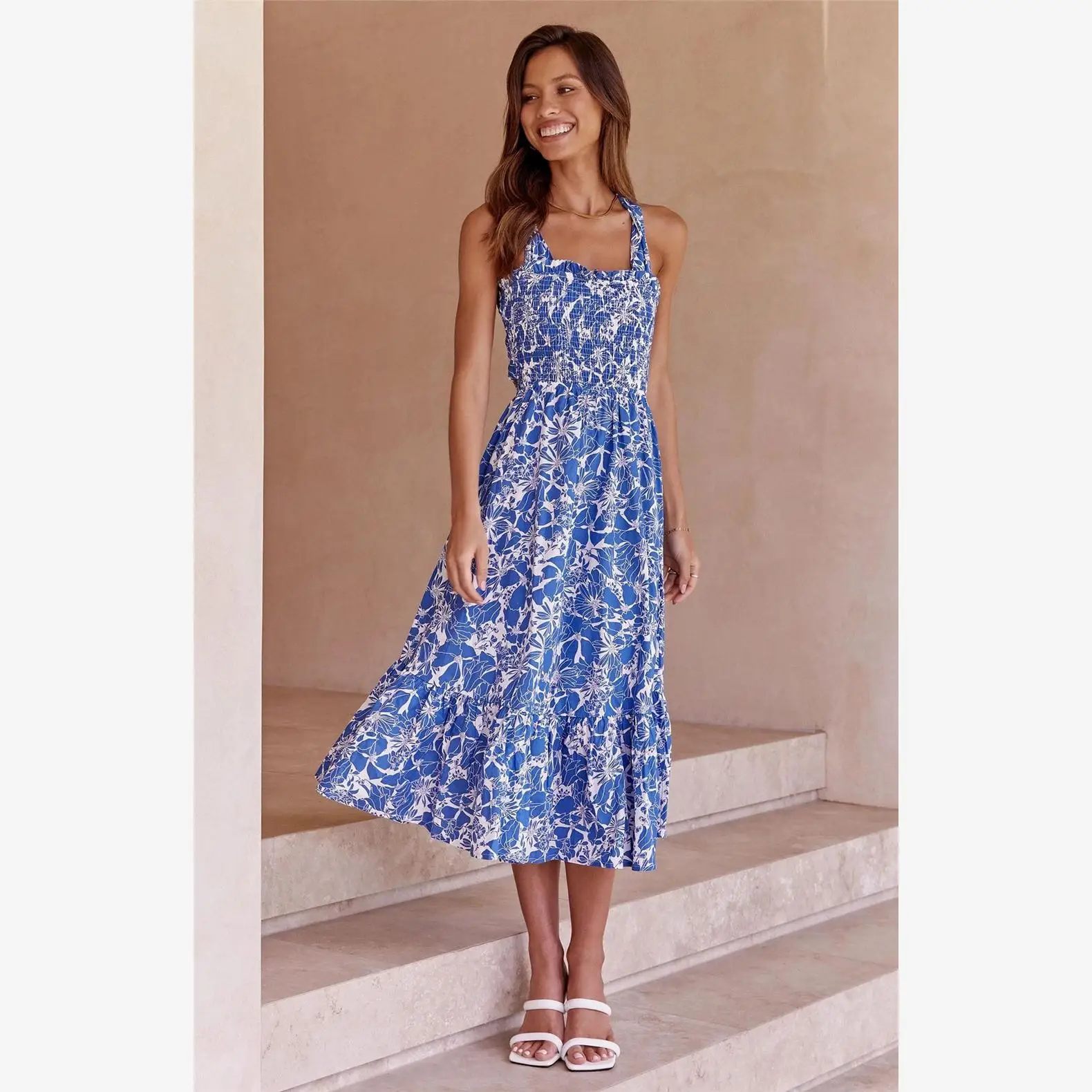 فستان صيفي مثير برباط مكشكش للنساء، فستان ميدي بطبعة زهور، تصميم مناسب للتنقلات، خصر متوسط، مصنوع من مادة أخرى، تنورة على شكل...