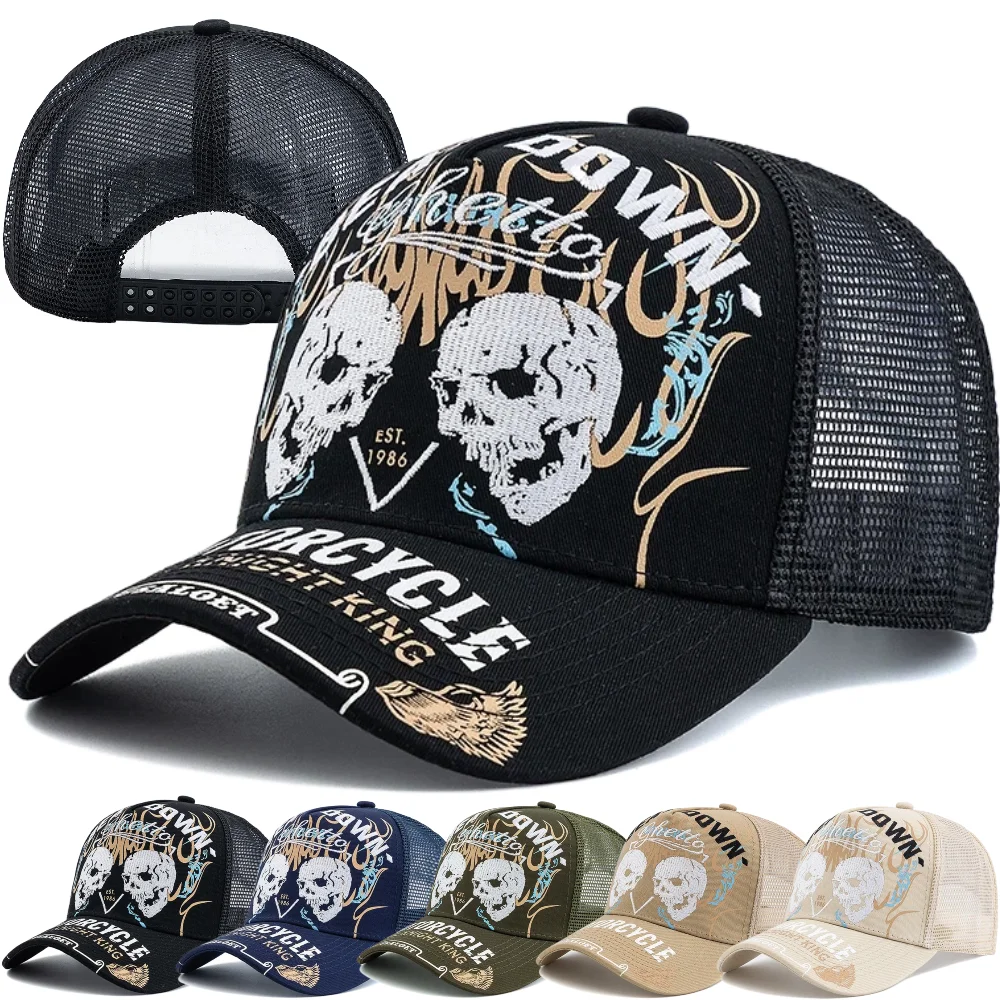 Unisex Vintage Double Skull Embroidery Trucker Hat For Men Woman Breathable Mesh Snapback Cap Motorcycle Outdoor Baseball Cap