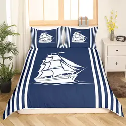 Nautical Sailboat King Queen Duvet Cover Coastal Sailing Boat Bedding Set Sea Adventure Comforter Cover Polyester Quilt Cover