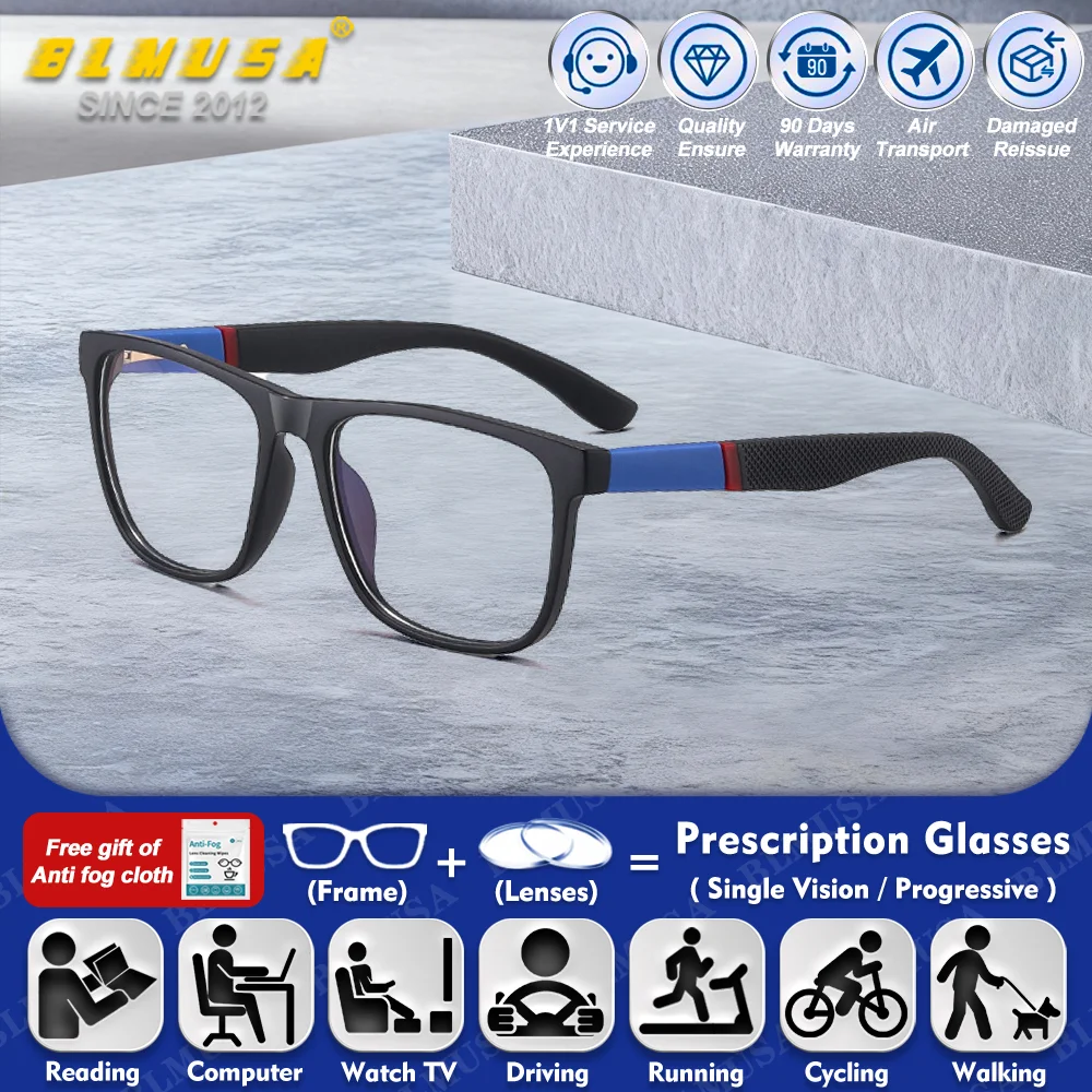 

BLMUSA (L) Minimalist Square Prescription Myopia Computer Glasses Man Anti Blue Ray Photochromic Progressive Optical Eyeglasses
