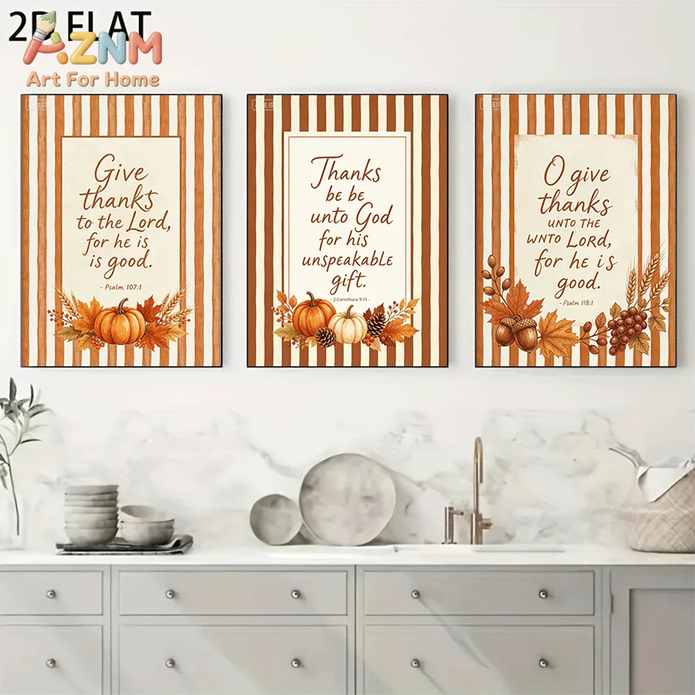 AZNM Frameless Canvas Wall Art, Fall Thanksgiving Bible Verse Print, Striped Background Pumpkin Maple Leaf Scripture Art Poster