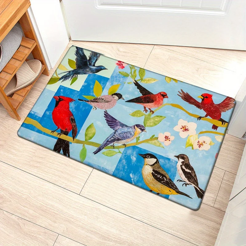 1pc Vibrant Bird Mural Area Mat - Colorful Watercolor Birds & Floral Design, Non-Slip, Absorbent, Durable Polyester Mat for Entr