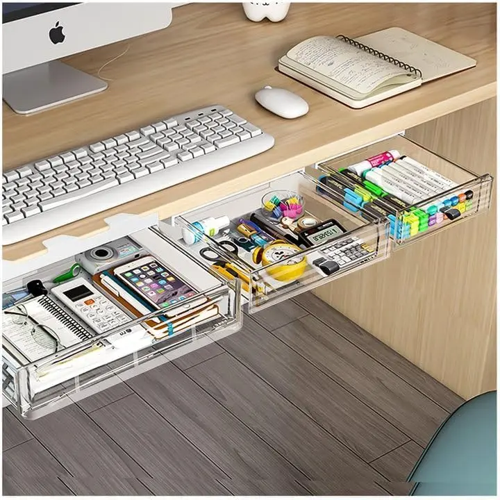 

3 Pack Under Desk Drawer Organizer, Slide Out Desk Drawer, Clear Plastic Drawer Under Desk,Hidden Desktop Organizer