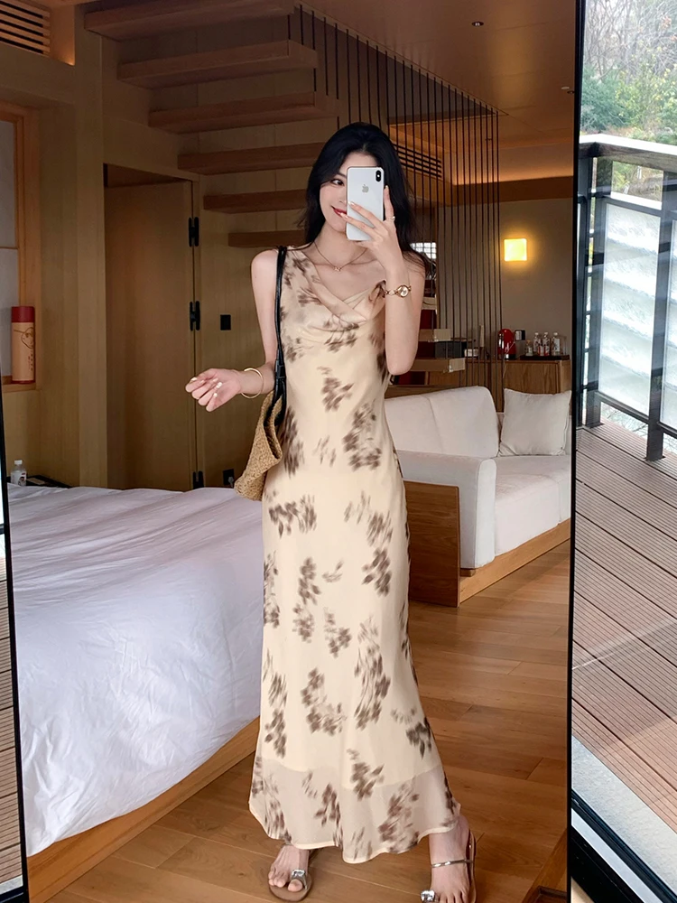 

Летнее женское платье Linyner с цветочным принтом, V-образным вырезом, из шифона, с пышной юбкой, повседневное, с присборенной талией, в стиле феи