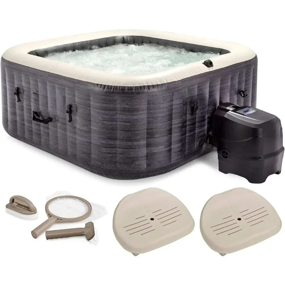 XMSJ Inflatable Square Hot Tub, Maintenance Kit w/Brush, Skimmer & Scrubber, & Slip Resist Inflatable Removable Seat，Outdoor bat