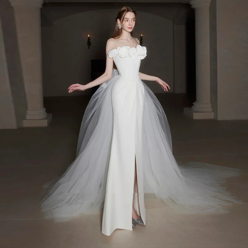 

French Style Strapless Light Wedding Dress Simple Slimming High-end Satin Banquet Mermaid Gown Bride Welcome Out Dress