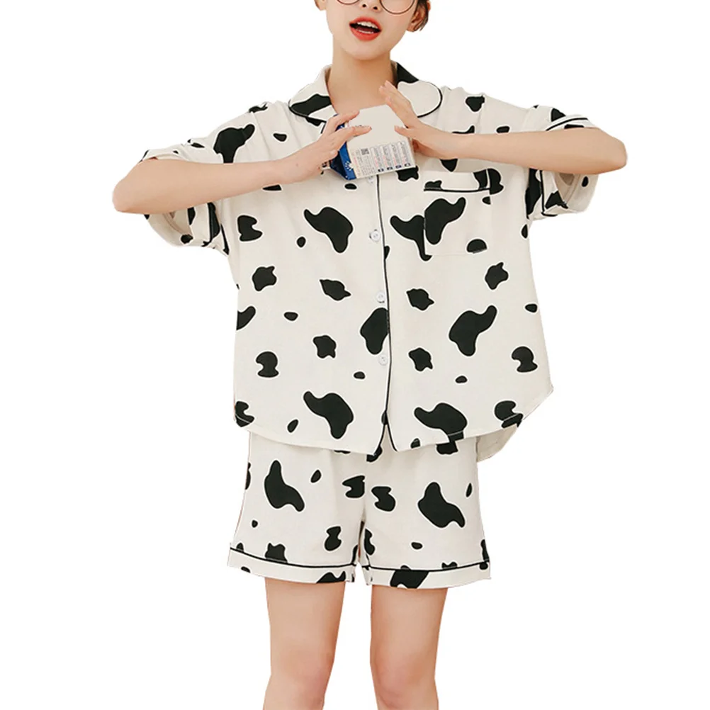 

Women Cow Pajamas Print Cute Trousers Ladies Cotton Cardigan Short Sleeve Shorts Cartoon Summer Two Piece Suit