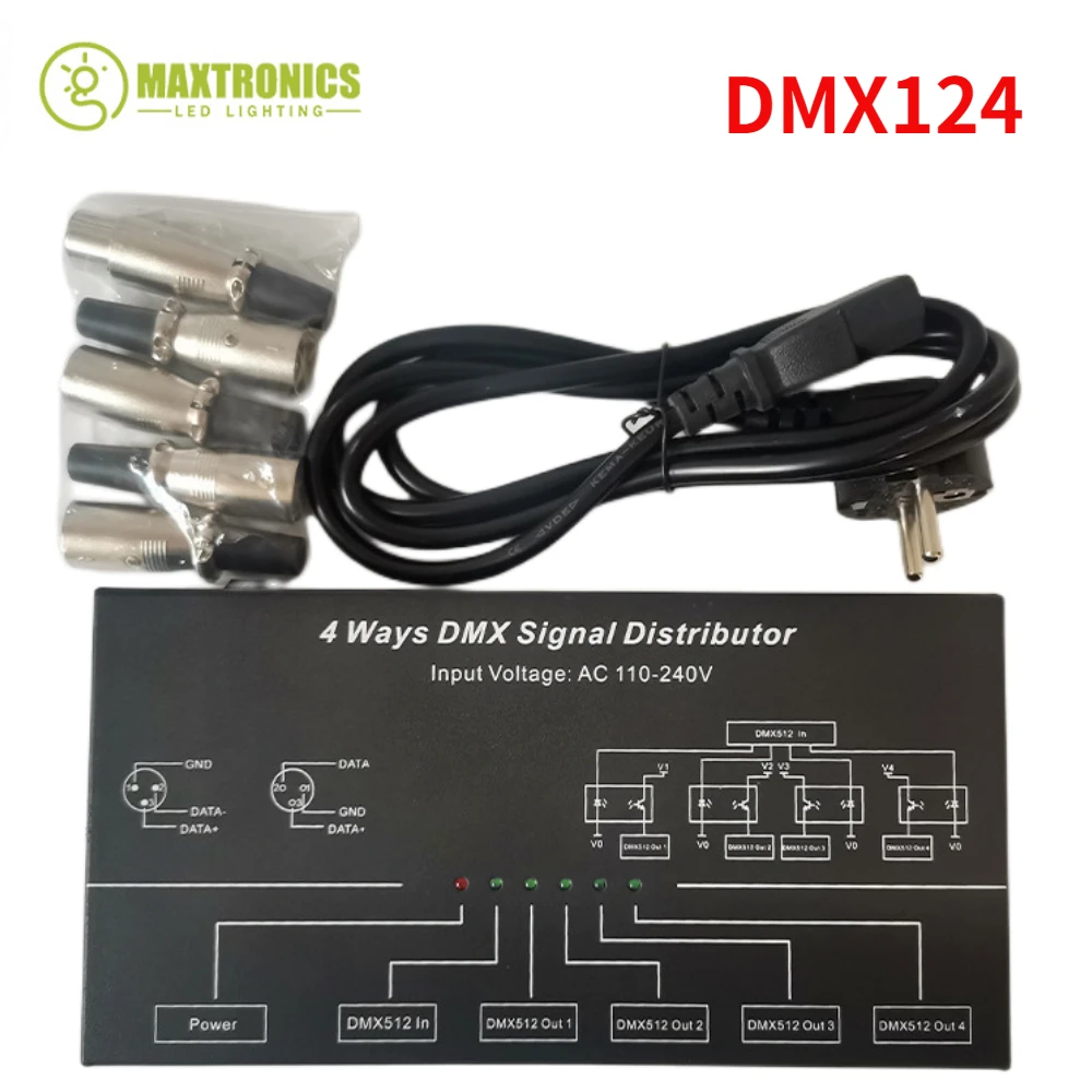 

DMX124 DMX512 Amplifier Splitter DMX Signal Repeater AC100V-240V Input 4CH 4 Output Ports DMX Signal Distributor for LED Lamps