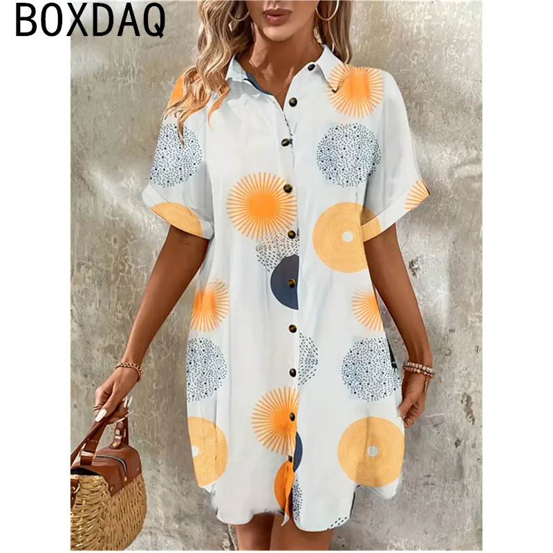 قميص نسائي فستان حجم كبير الصيف قصيرة الأكمام التلبيب قميص صغير فستان موضة واحدة الصدر ثلاثية الأبعاد الأزهار المطبوعة فستان كاجوال