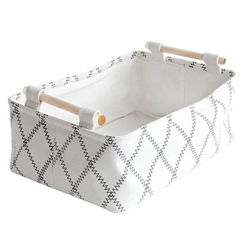 Decorative Storage Basket Bins - Foldable Fabric Gift Baskets Empty with Wooden Handles White Rectangular Collapsible M