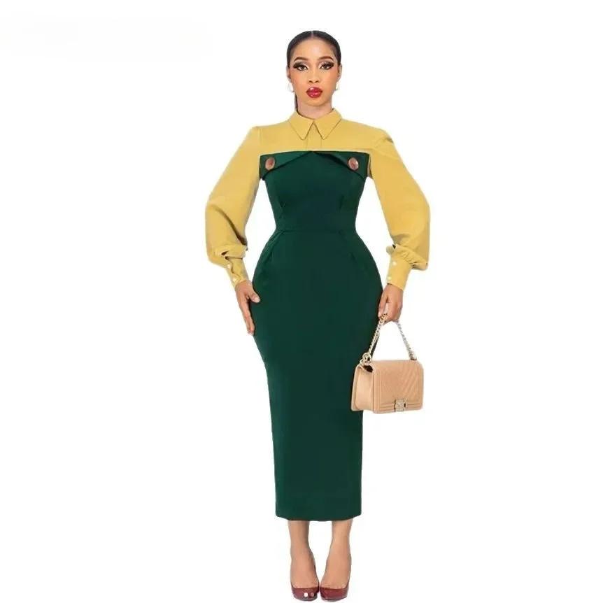 Fashion Women Long Sleeve Turn-down Collar Shirt Maxi Dress  African OL Work Night Club Party Street Long Dresses