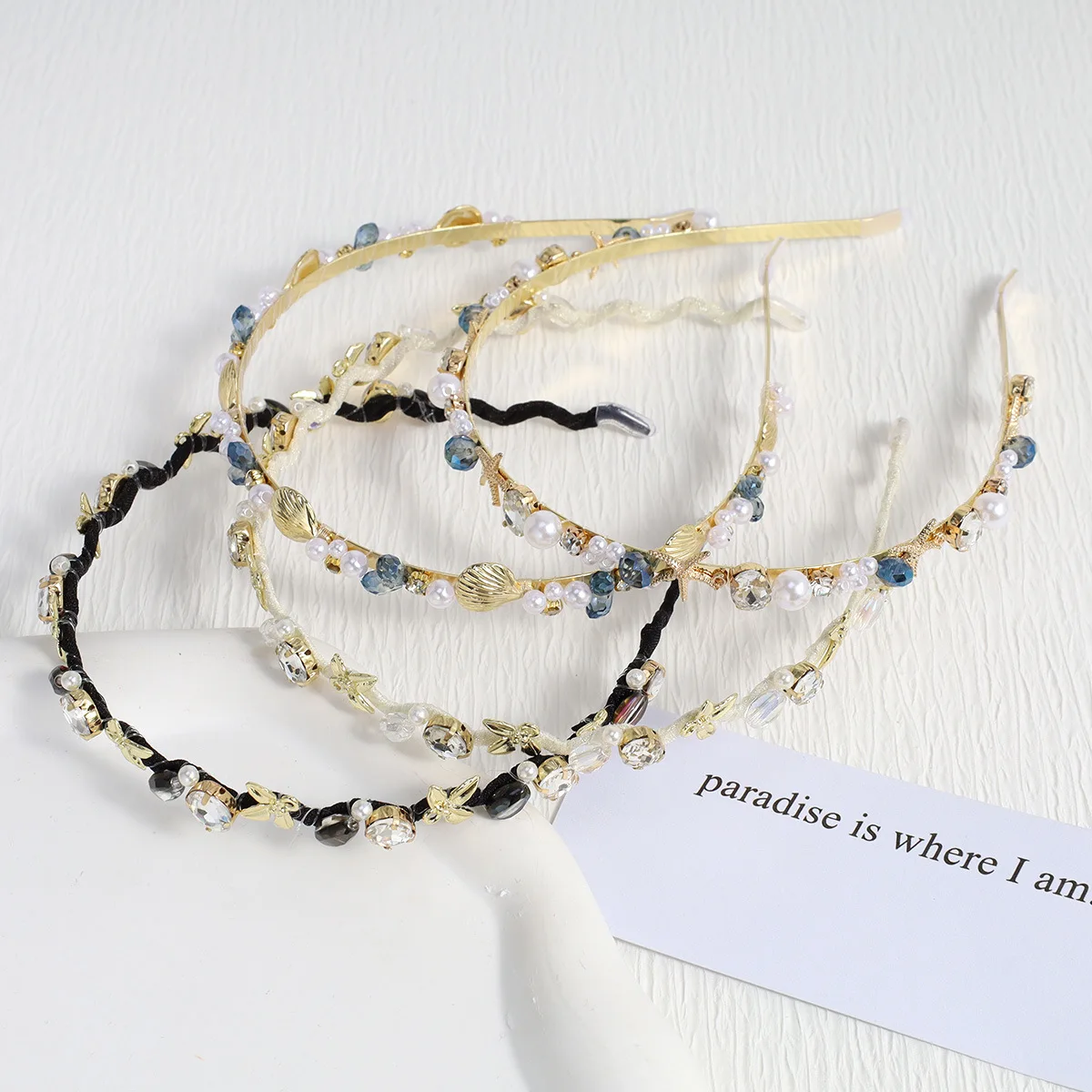 

Korean version of the new leaf pearl diamond headband sweet starfish shell thin edge hairpin princess broken hair finishing headband