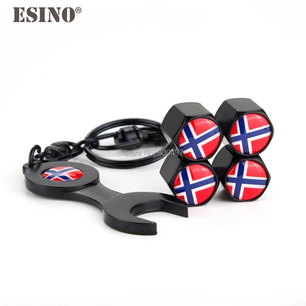 

4 x Car Styling Stainless Steel Zinc Alloy Wheel Tire Valve Stems Caps Norway Flag Universal Fit With Mini Wrench Key Chain