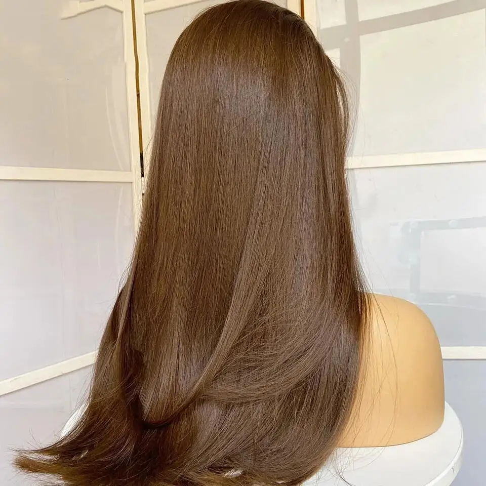 Peluca larga y suave para mujer, postizo de encaje frontal liso de 26 pulgadas, color marrón, 180% de densidad, pelo de bebé sintético predespuntado, sin pegamento, moda diaria