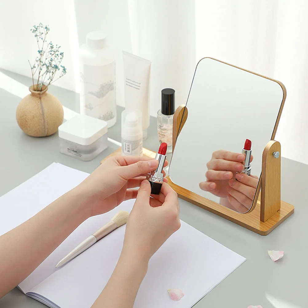 

Wooden Rotating Makeup Mirror Simple Design Adjustable Angle Tabletop Vanity Mirror for Bathroom Bedroom Use