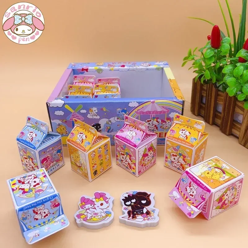 Sanrio New Eraser 12/24pcs Creative Milk Box Modeling Eraser Cute Cartoon Children's Pencils Eraser Student Rubber Boxed Gifts