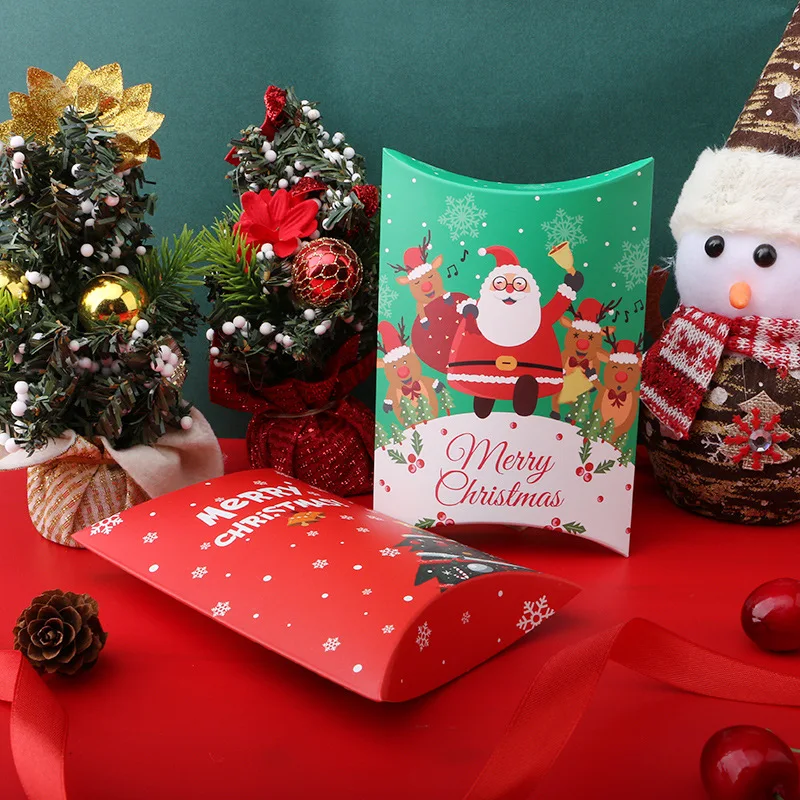 Cajas de dulces con forma de almohada navideña, caja de embalaje de regalo de papel navideña, decoración navideña, caja de regalo de Año Nuevo 2025, cajas de regalo
