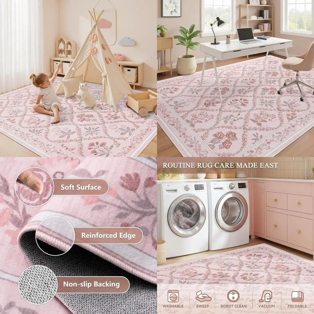 

Pink Rug for Bedroom Girls, 5x7 Washable Rug for Floral Nursery Decor, Cute Soft Low-Pile Non Slip Indoor Floor Carpet for Baby