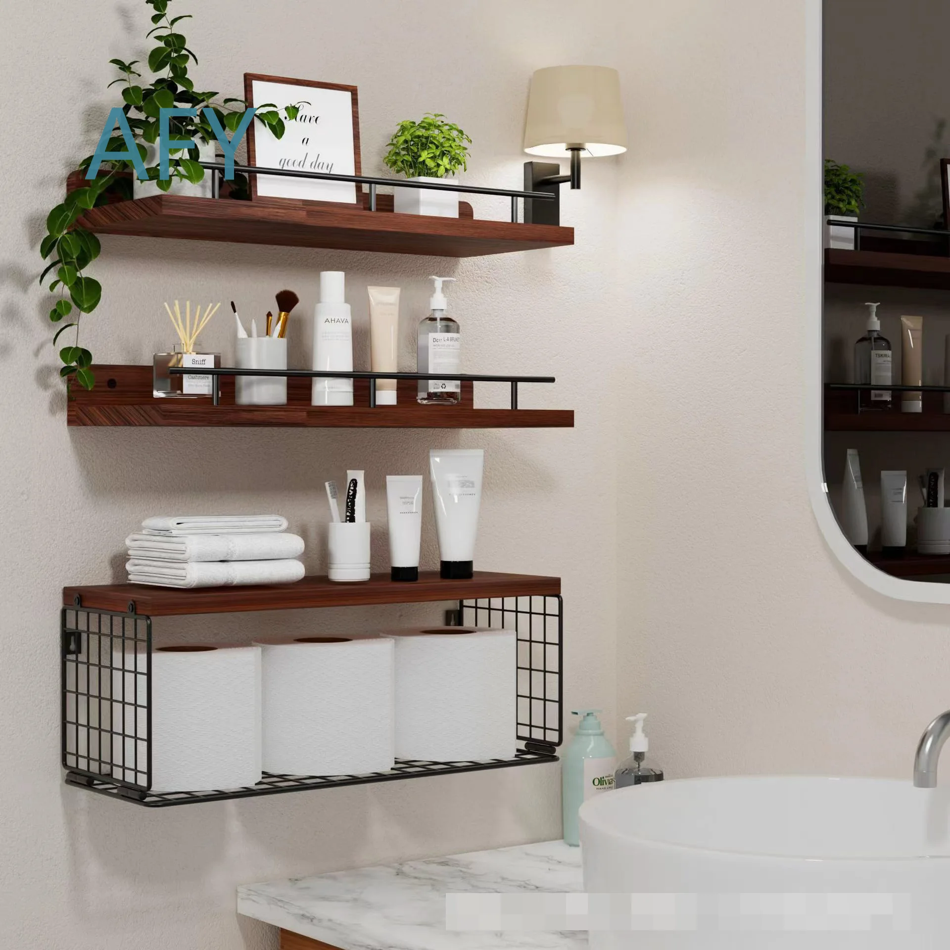 Wall Mounted Multi Tier Shelf for Kitchen Bathroom Living Room Office Decor Storage Organizer Rack Iron Wood Combination