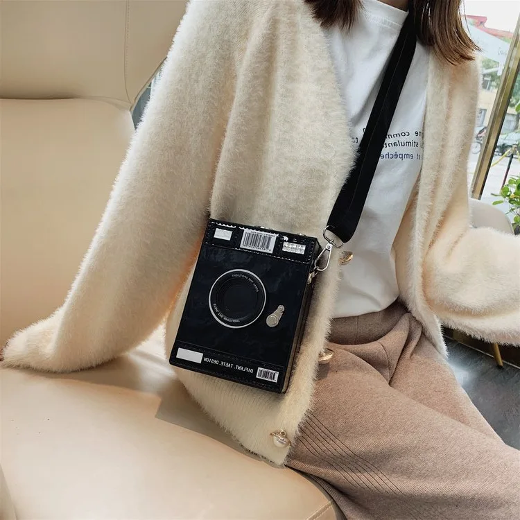 Camera Shape Shoulder Bag Women Box Shape Crossbody Bag Wide Shoulder Belt Fashion Handbag For Ladies Black and Laser Color2023