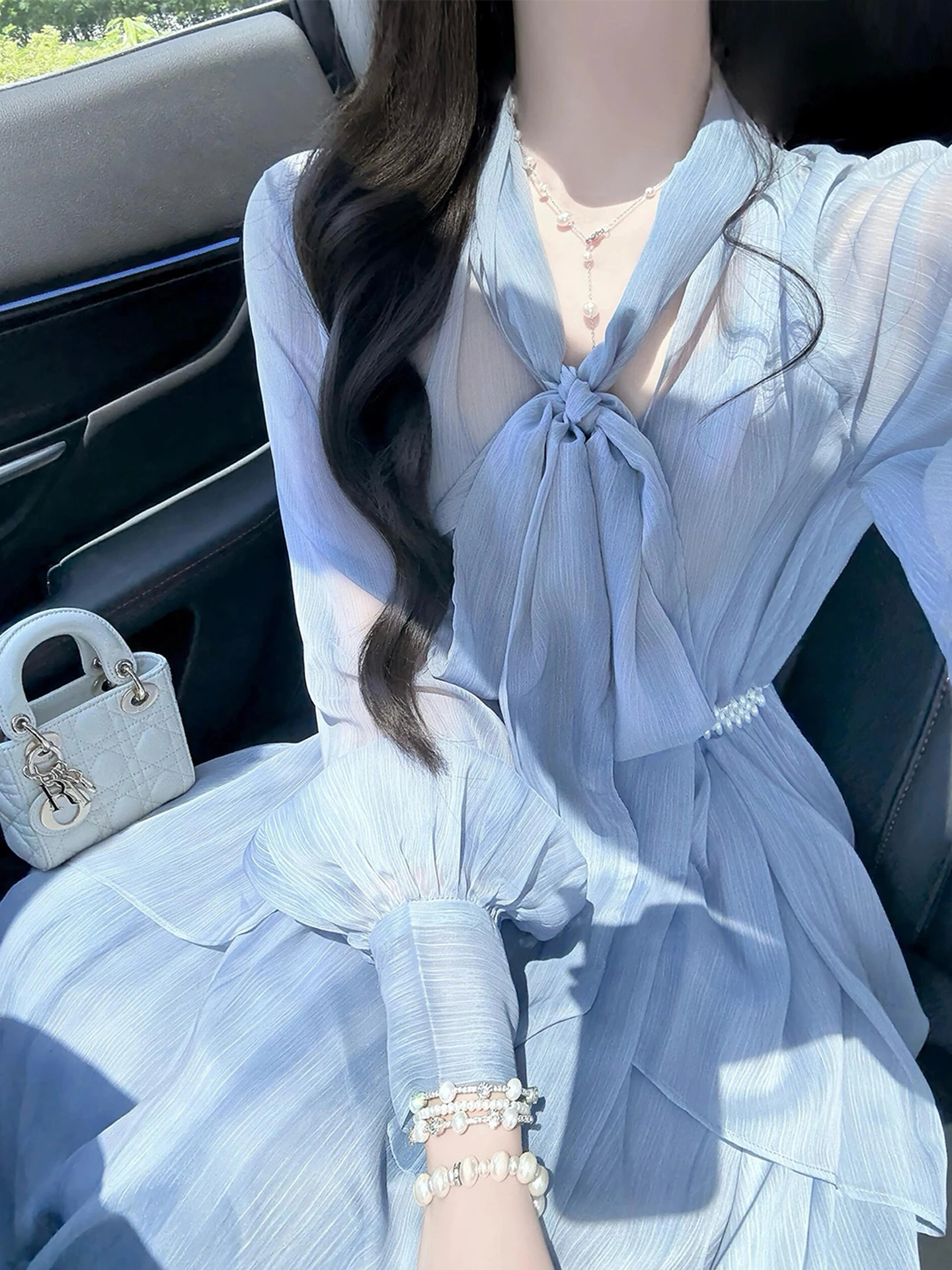 

Новая женская юбка А-силуэта Ele Blue из шифона с высокой талией, корейский стиль, мягкая и удобная, с длинными рукавами, коллекция ранняя осень 2026